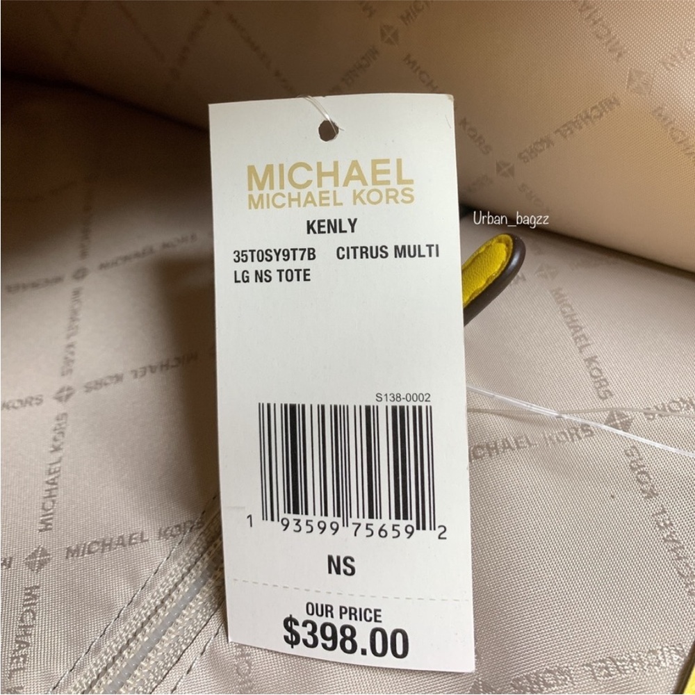 Michael Kors Kenly Large North South Tote White MK Signature Citrus Yellow - Picture 8 of 10